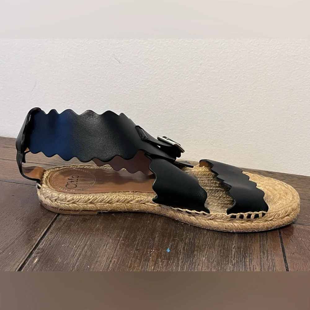 Chloe Lauren Scalloped Black Leather Espadrilles size 37 Women’s size 7 - Picture 5 of 13